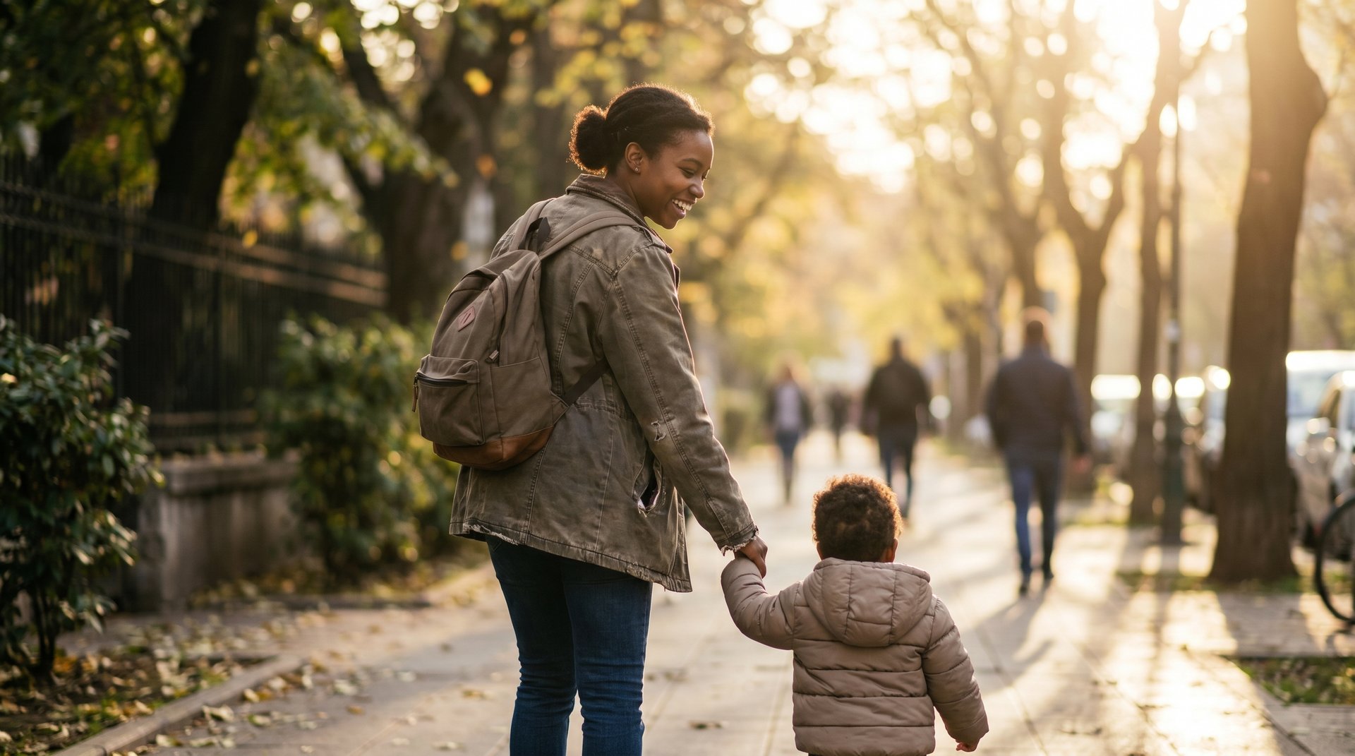 A young parent walking outdoors with their child